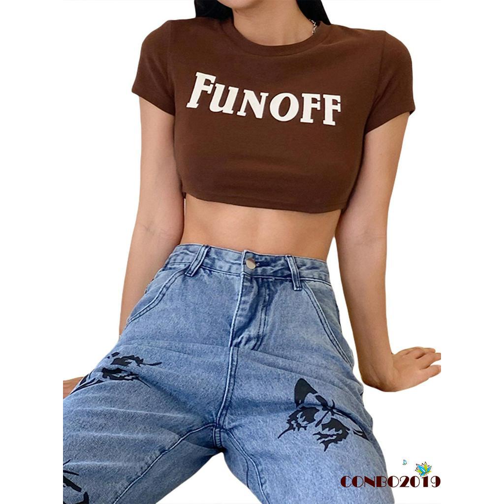 Áo croptop tay ngắn cổ tròn in chữ phong cách trẻ trung năng động dành cho nữ