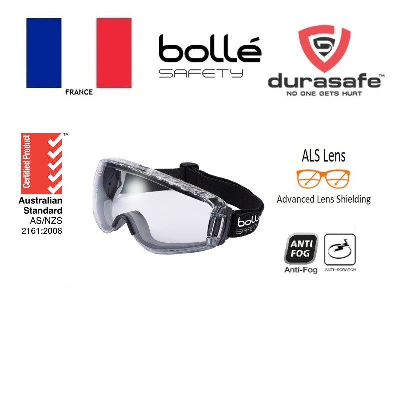 Kính BOLLE 1689110 Pilot 2 Safety Goggle (có thể đeo ngoài kính cận, phủ Platinum chống đọng sương, chống trầy xước)