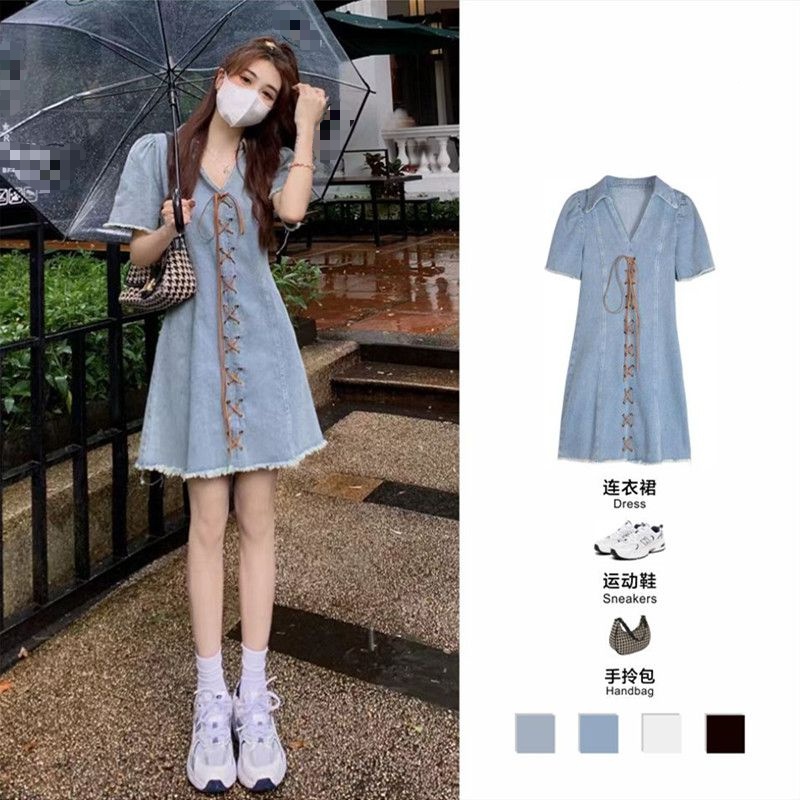Đầm Denim Tay Ngắn Dáng Chữ A Phối Dây Rút Thời Trang Mùa Thu Cho Nữ