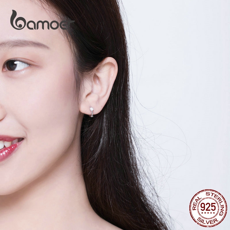 Khuyên tai BAMOER làm từ bạc hình tròn đính đá nhỏ thời trang