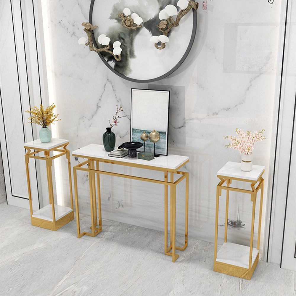 Bộ bàn console trang trí phòng khách hiện đại IBIE AK004 khung sắt sơn tĩnh điện, mặt đá vân mây, tùy chọn màu sắc