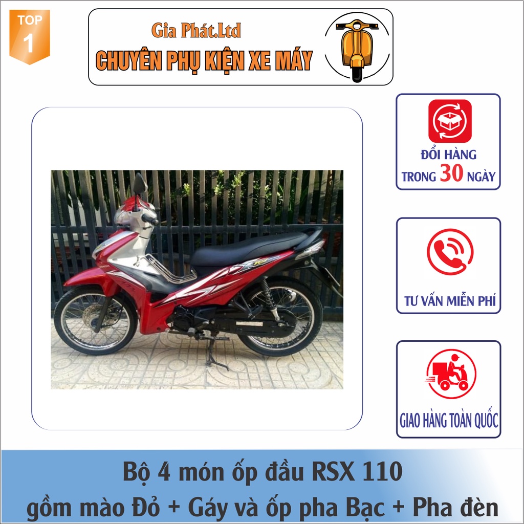 Combo ốp đầu Wave RSX 110  gồm Mào ĐỎ - Gáy BẠC - và Pha đèn kèm bóng