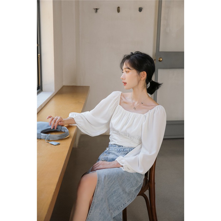 Áo kiểu tay phồng dài cổ vuông, thiết kế dáng ngắn (croptop) mặc được trễ vai_siêu phẩm Liola 2020