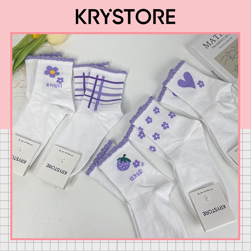 Set 5 đôi tất trắng nữ cao cổ Hoa Tím viền nhún ST16