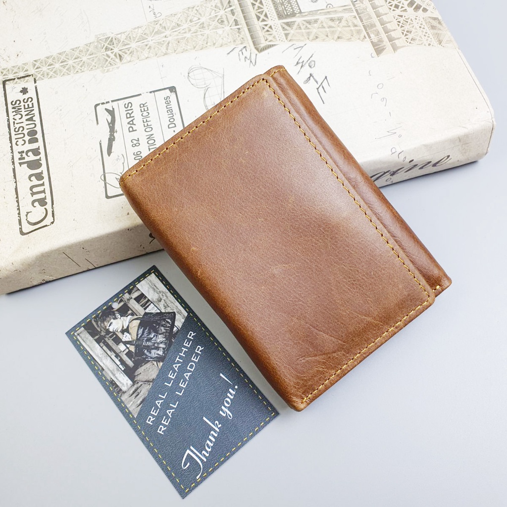 Ví nam gập 3 da bò thật WS102 - 100% da bò thật, BH 3 năm