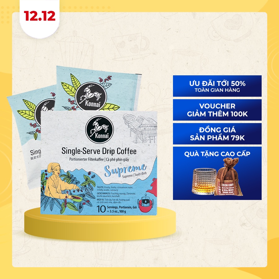 Cà phê phin giấy nguyên chất Supreme Coffee pha chế tiện lợi 100% Arabica Konnai Coffee phù hợp đi làm, đi học, đi du lị | BigBuy360 - bigbuy360.vn