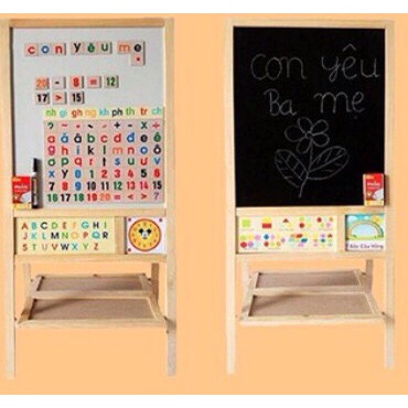 Bảng học thông minh 2 mặt bằng gỗ size lớn 90*45cm tặng kèm bộ chữ cái số gắn nam châm