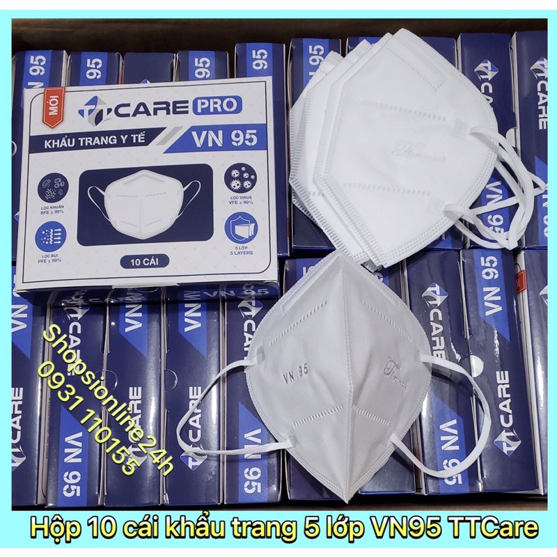 ✅(Hộp 10 cái) Khẩu trang y tế 5 lớp N95 , VN95 TTCare cao cấp Màu Trắng