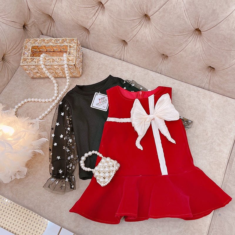 VÁY CHO BÉ GÁI NHUNG CỨNG CÓ LÓT XỊN XÒ, ÁO TRONG TỔ ONG MỀM PHỐI REN NƠ VIỀN TƠ SỐNG CHUẨN BÁN SHOP SIZE 9-21KG [V30]