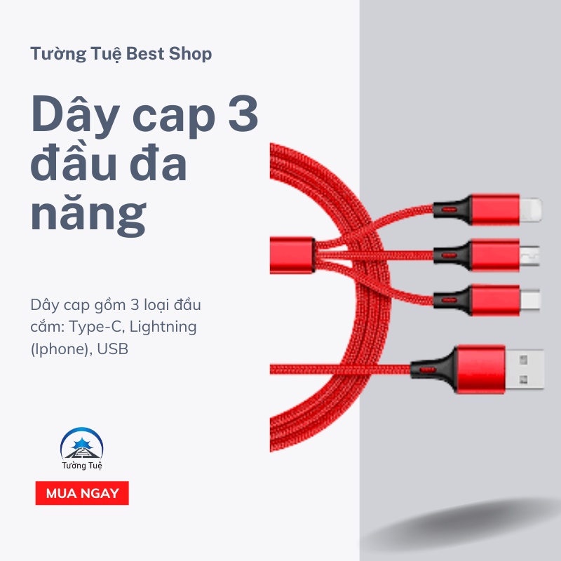 Dây cap sạc nhanh 3 đầu đa năng Type C, Iphone, Android