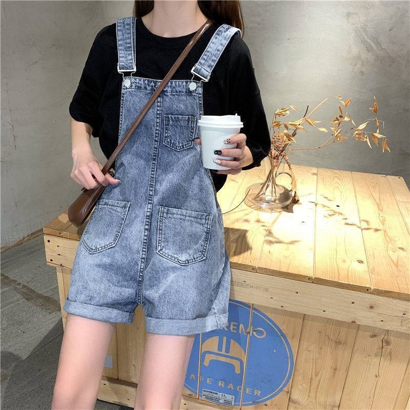 ▧❄Mùa hè 2020 phong cách mới quần short denim Hàn Quốc dành cho nữ sinh với cạp cao và yếm rộng rãi có lỗ để giả