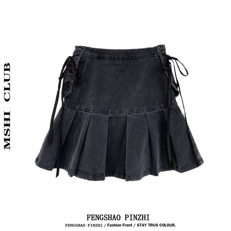 Chân váy jean Chữ A Xếp Ly Lưng Cao Phong Cách Retro 2022 Thời Trang Cho Nữ