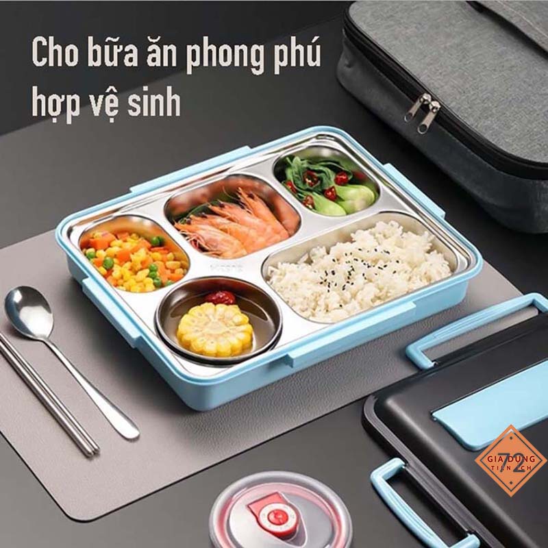 Khay Cơm Chia Phần 5 Ngăn Giữ Nhiệt INOX 304 + Tặng thìa + đũa [HỘP CƠM 5 NGĂN]