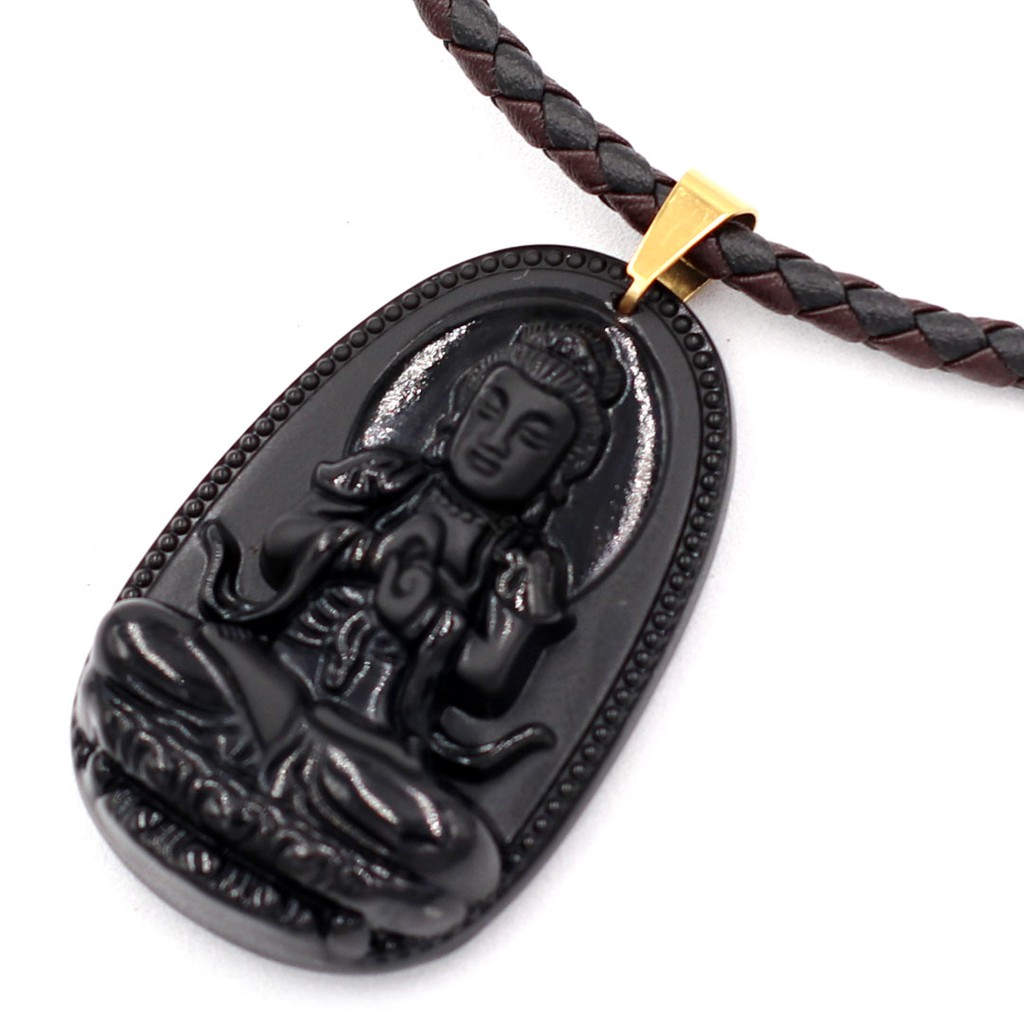 Vòng cổ dây da Phật Đại Nhật như lai - Hộ mệnh tuổi Mùi, Thân - Đá đen 5 cm DDNEBVTAEN5