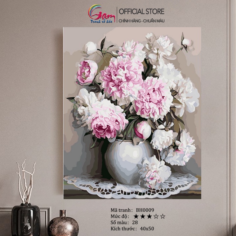Tranh số hoá tự tô màu Gam hoa mẫu đơn căng khung 40x50cm BH0009