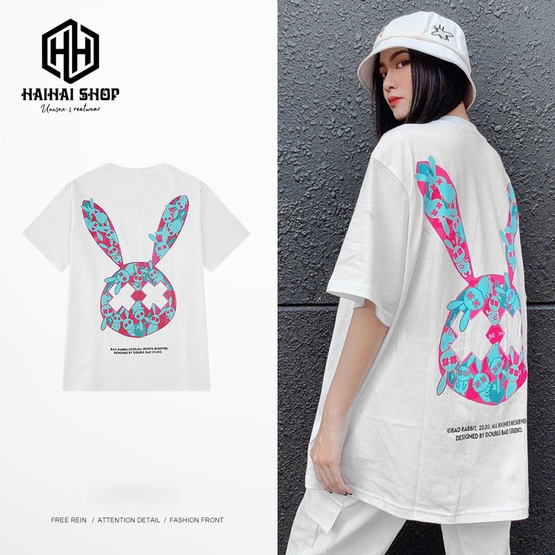 Áo Thun Tay Lỡ Form Rộng In Hình Nhiều Thỏ Cho Cả Nam và Nữ, Vải Cotton 75%, Dày Mịn Mát. XXK