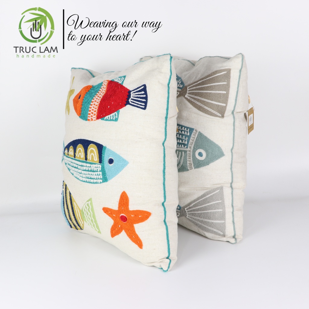 Gối/Vỏ Gối Vuông Tựa Lưng Sofa(45x45) Trang Trí Phòng Vải Linen Thêu Thủ Công Hình Con Cá Và Sao Biển- Trúc Lâm Handmade