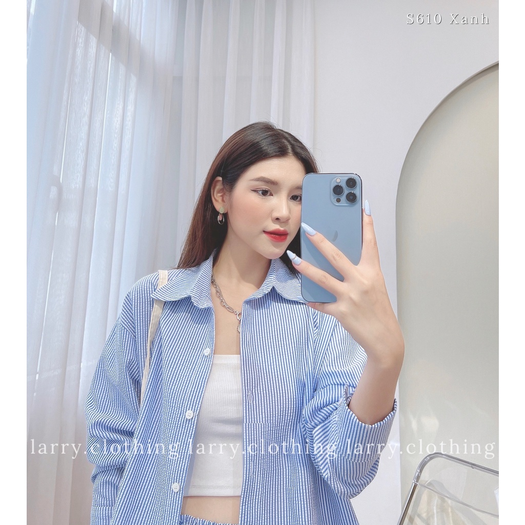Set quần áo nữ áo sơ mi kẻ sọc hồng kèm quần short chun form rộng thời trang thiết kế Larry Clothing S610