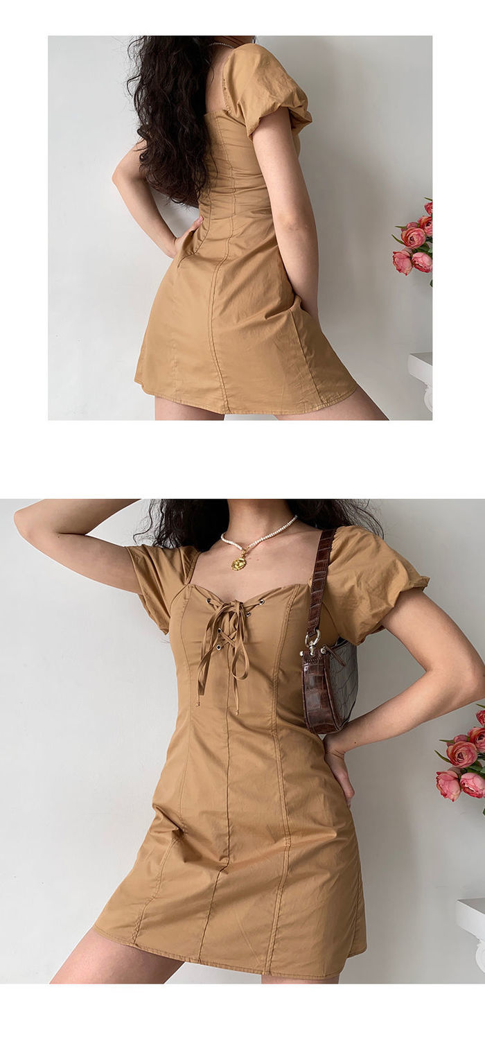 Đầm Chữ A Cổ Vuông Tay Phồng Phối Dây Thắt Kiểu Retro Pháp Quyến Rũ | BigBuy360 - bigbuy360.vn