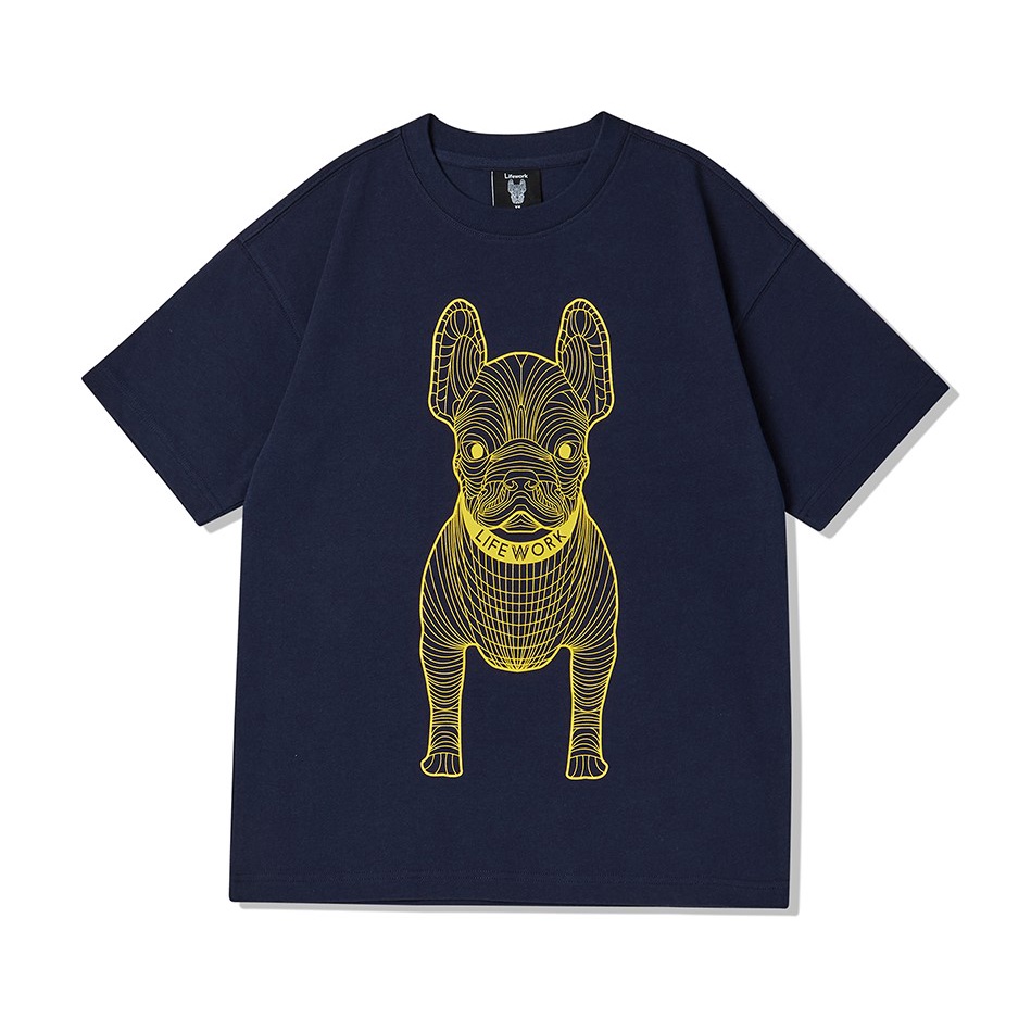 Áo thun LIFEWORK Big Logo hình chó tay lỡ Unisex màu Navy Yellow LinhLyxAuth