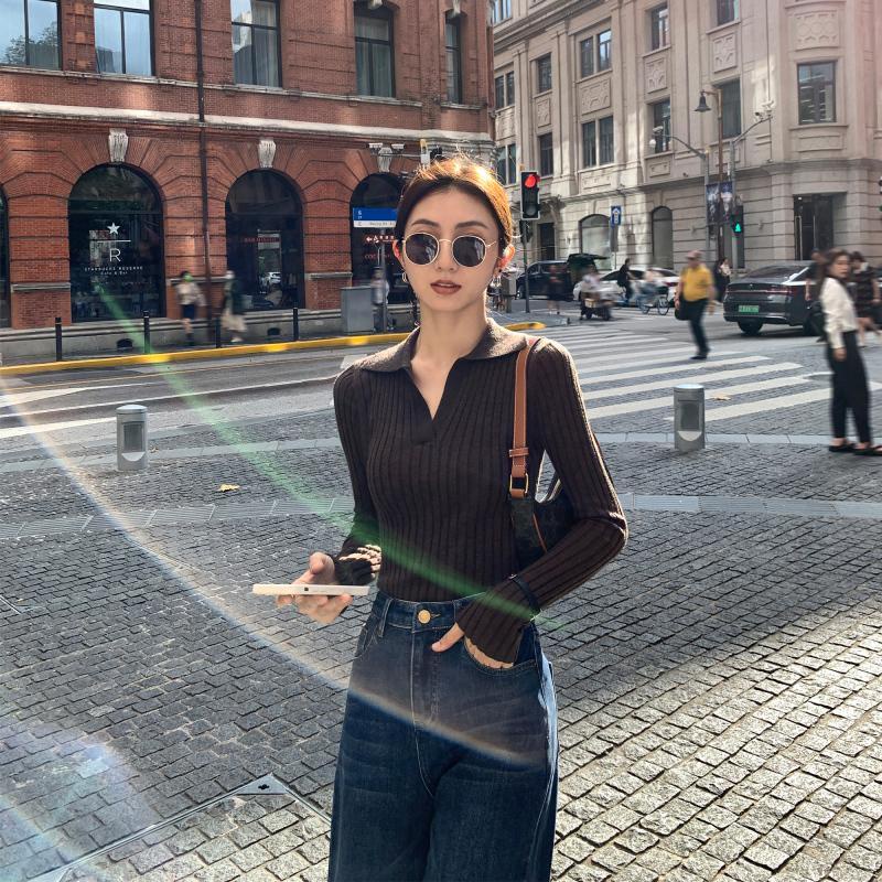 ☪Áo Dệt Kim Phối Nhung Kiểu Đức Cá Tính☪Áo Thun polo Dệt Kim Tay Dài Cổ Chữ v Họa Tiết Kẻ Sọc Thời Trang Thu Đông Hàn Quốc Mới 2022