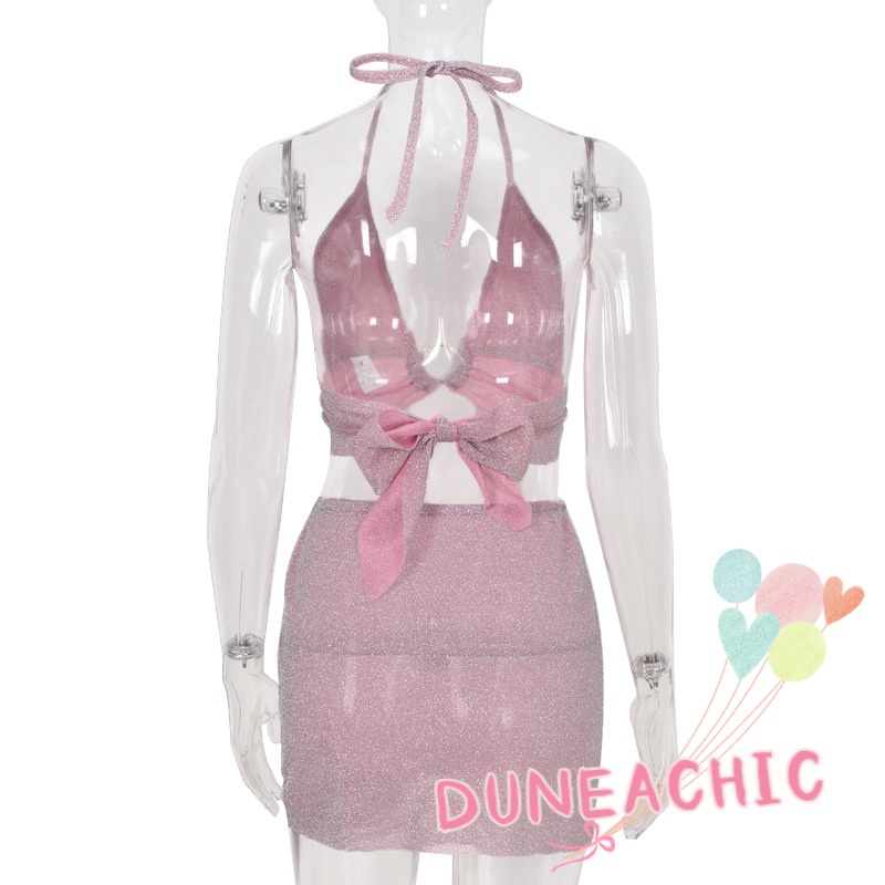 DUNEA Set Áo Tank Top 2 Dây + Chân Váy Xẻ Tà Đính Kim Tuyến Lấp Lánh Thời Trang Quyến Rũ Cho Nữ