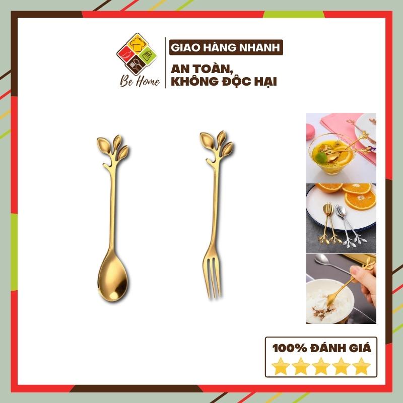 Thìa dĩa lá mạ vàng hiện đại BEHOMEMALL Muỗng thìa nĩa  mạ vàng kiểu dáng hiện đại sang chảnh cao cấp