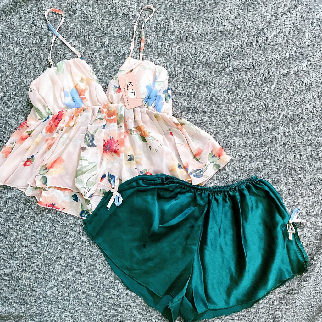 Đồ ngủ sexy đồ bộ 2 dây họa tiết hoa nhí, có mút ngực thích hợp mặc ngủ [DN4L]