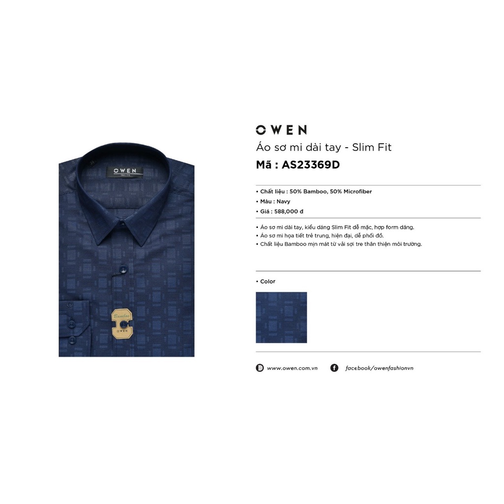 Áo Sơ Mi Nam Dài Tay Owen AS23369D Somi Công Sở Cao Cấp Màu Xanh Than Họa Tiết Dáng ôm Không Túi Chất Sợi Tre | BigBuy360 - bigbuy360.vn