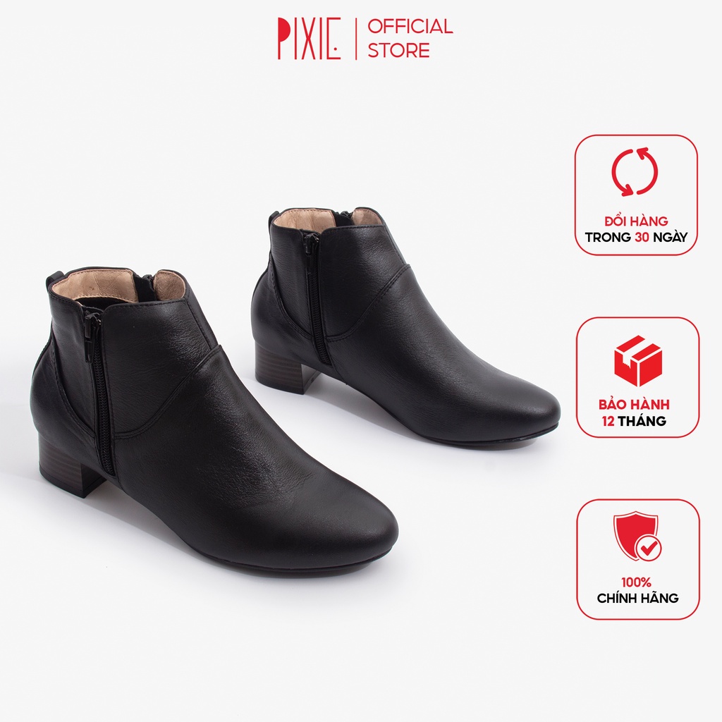 Giày Boot Thấp 3cm Cổ Ngắn 2 Dây Kéo Da Thật Pixie P697