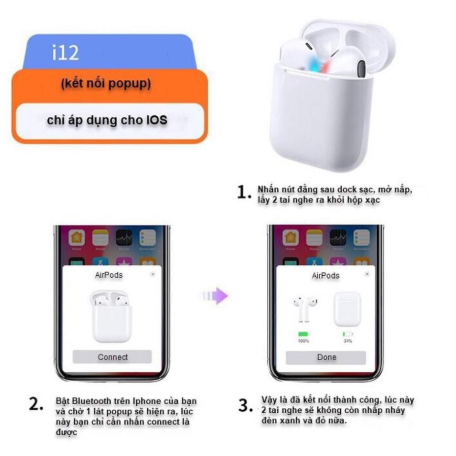 Tai Nghe Bluetooth Iphone I12 Ipods Airpod 1/Airpod 2 Pro TWS - Cảm Biến Siêu Nhạy - Âm Thanh True Wireless