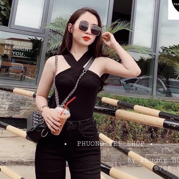 Áo croptop nữ 2 dây cổ chéo form ôm vải tăm co giãn mặc 2 kiểu Bingshop