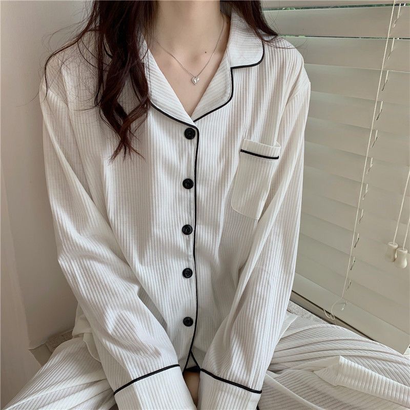 Bộ Đồ Ngủ Cotton Trắng Đen Thời Trang Thu Hàn Quốc Thoải Mái Cho Nữ