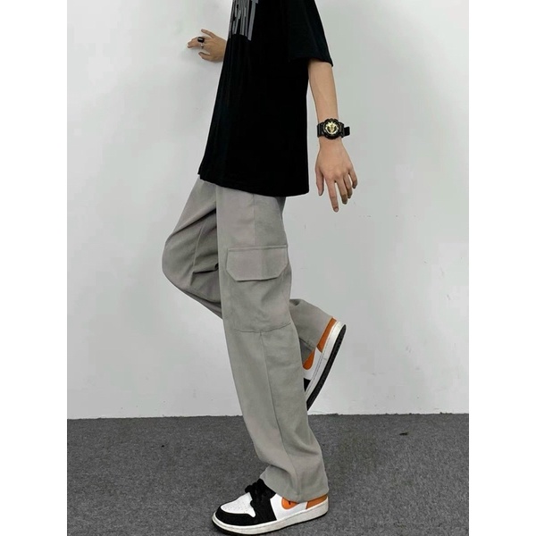 Quần kaki túi hợp ống suông chất kaki dầy dặn 2 màu xám đen