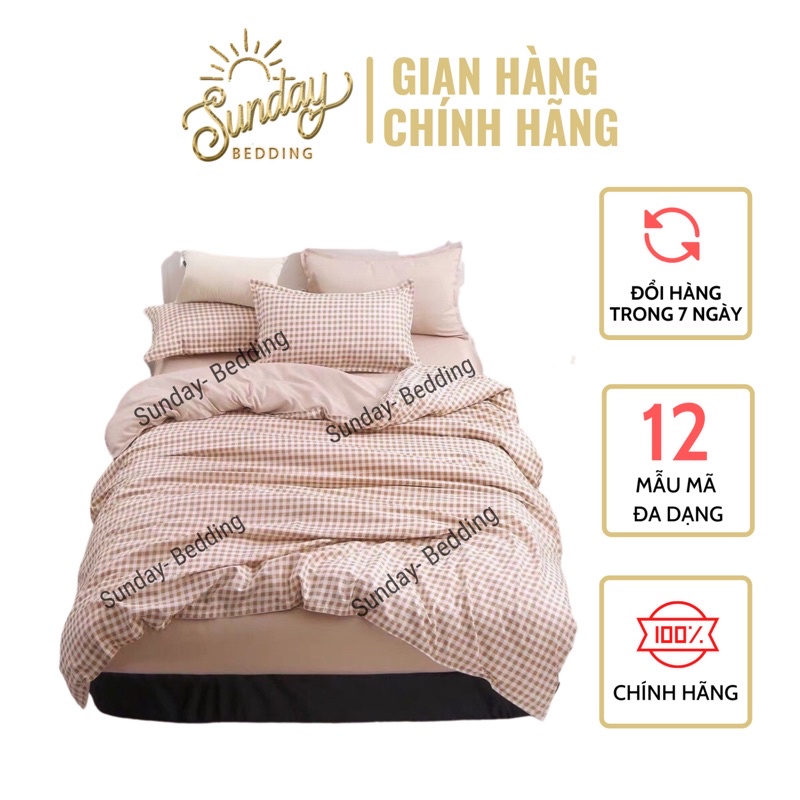 Bộ Chăn Ga Gối 5 món Cotton Poly kẻ nhập khẩu hàn quốc(tặng vỏ ôm)