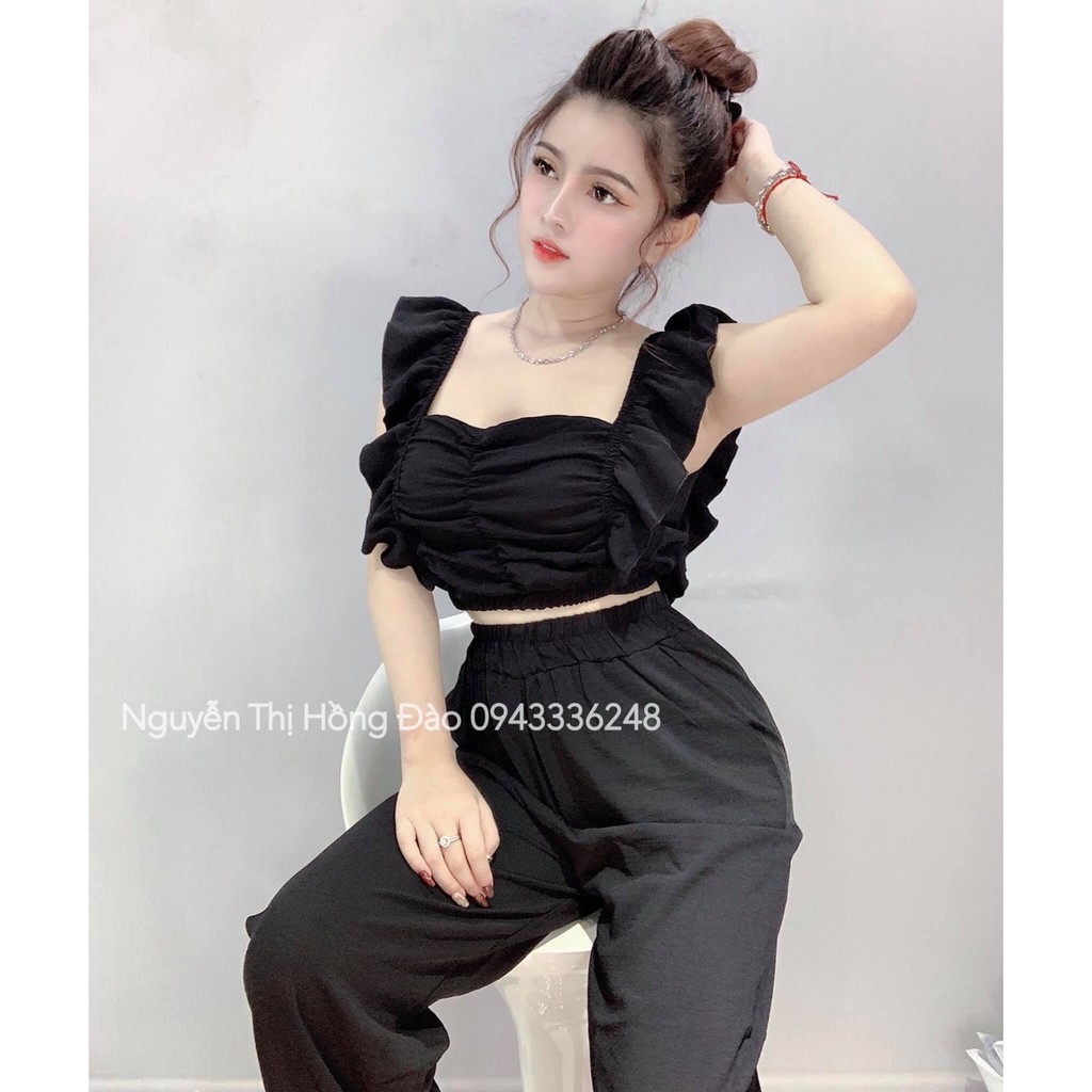Sét Áo Croptop Phối Tay Cánh Tiên Thân Nhún Kết Hợp Quần Dài Ống Rộng Xin Xò TTS1005