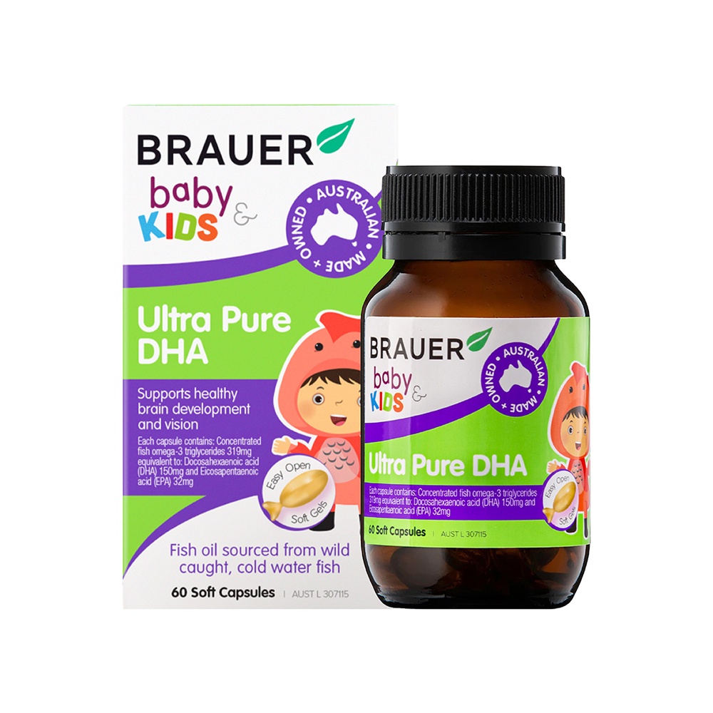 DHA Brauer Baby &amp; Kids Ultra Pure DHA vị chanh cho bé từ 7 tháng tuổi ( lọ 60 viên)