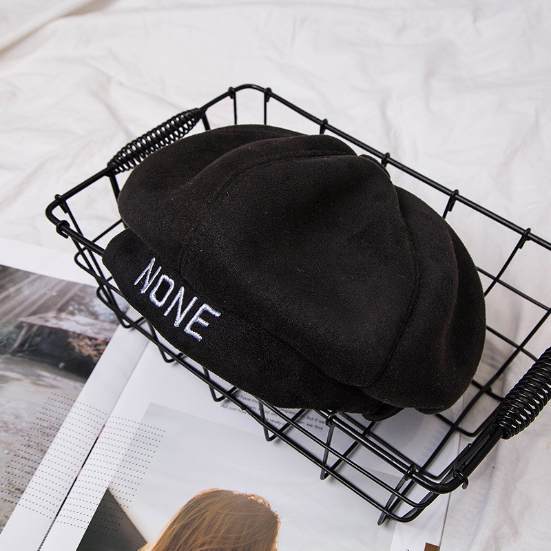 Mũ nồi, mũ beret da lộn thêu chữ None hàng dày dặn phong cách hàn quốc