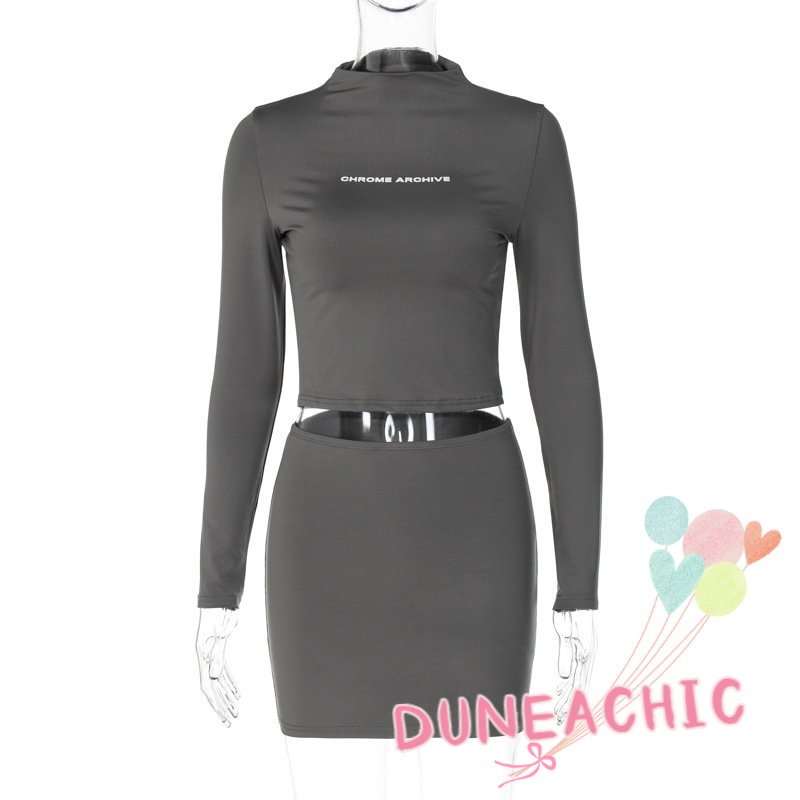 DUNEA Set Áo Thun Lửng Tay Dài In Chữ + Chân Váy Mini 2 Dây Thời Trang Cho Nữ
