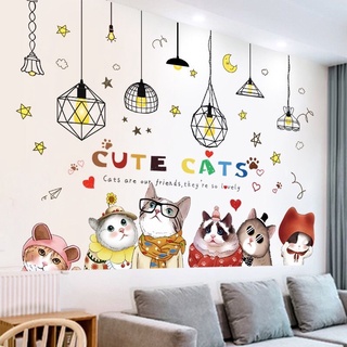 Decal dán tường mèo cute và đèn vàng