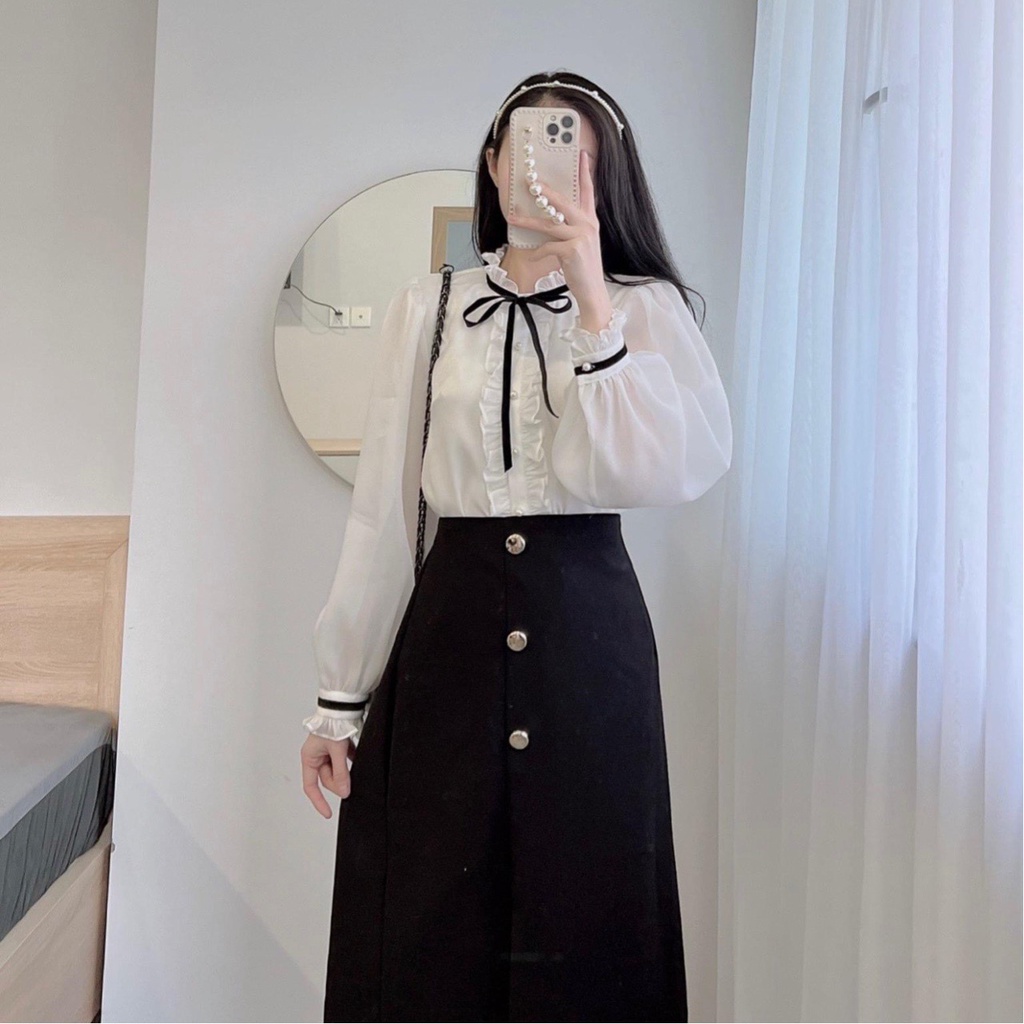 Áo sơ mi trắng nữ thắt nơ Gloria Shop, Áo sơ mi nữ tay dài chất vải đẹp, Hàng Thiết Kế Gloria Shop