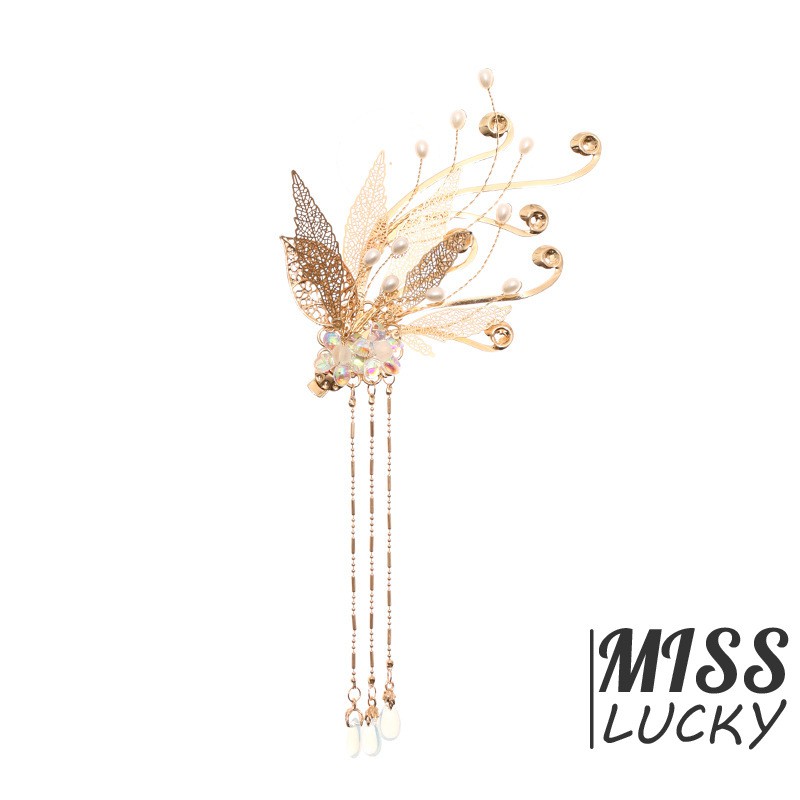 ❤HHN-VN Chinese traditional costume ancient hairpin fresh super fairy-tale style leaf design tassel step shaking headdress