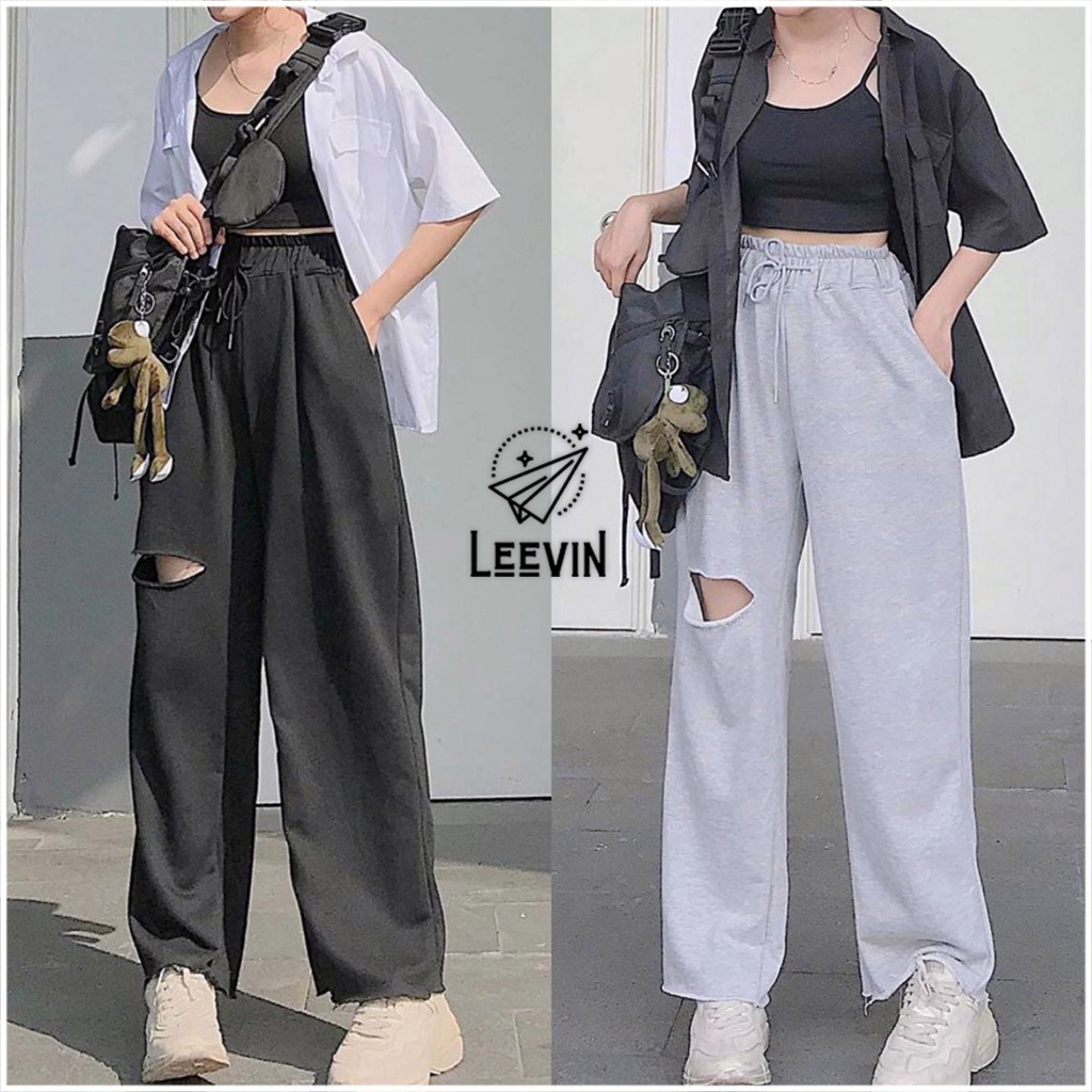 Quần Ống Rộng Nữ Thun Cạp Cao IRU Unisex Ulzzang Màu Đen và Xám Phối Kiểu Rách Gối Leevin Store