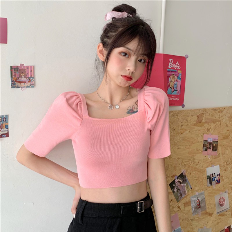  Áo croptop dệt kim tay ngắn cổ vuông thời trang Hàn Quốc