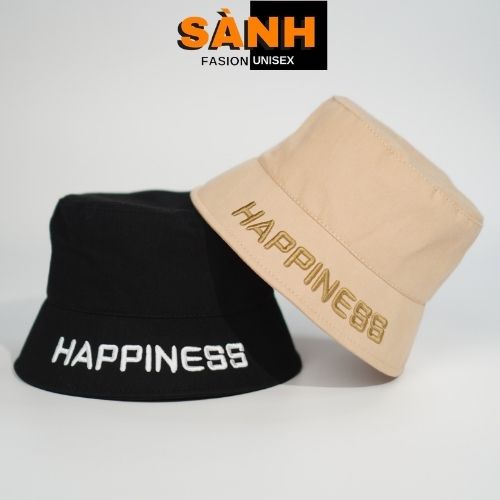 Mũ bucket thêu chữ Happiness Nón tai bèo vành cụp chất kaki phong cách Ulzzang thời trang form unisex nam nữ B05