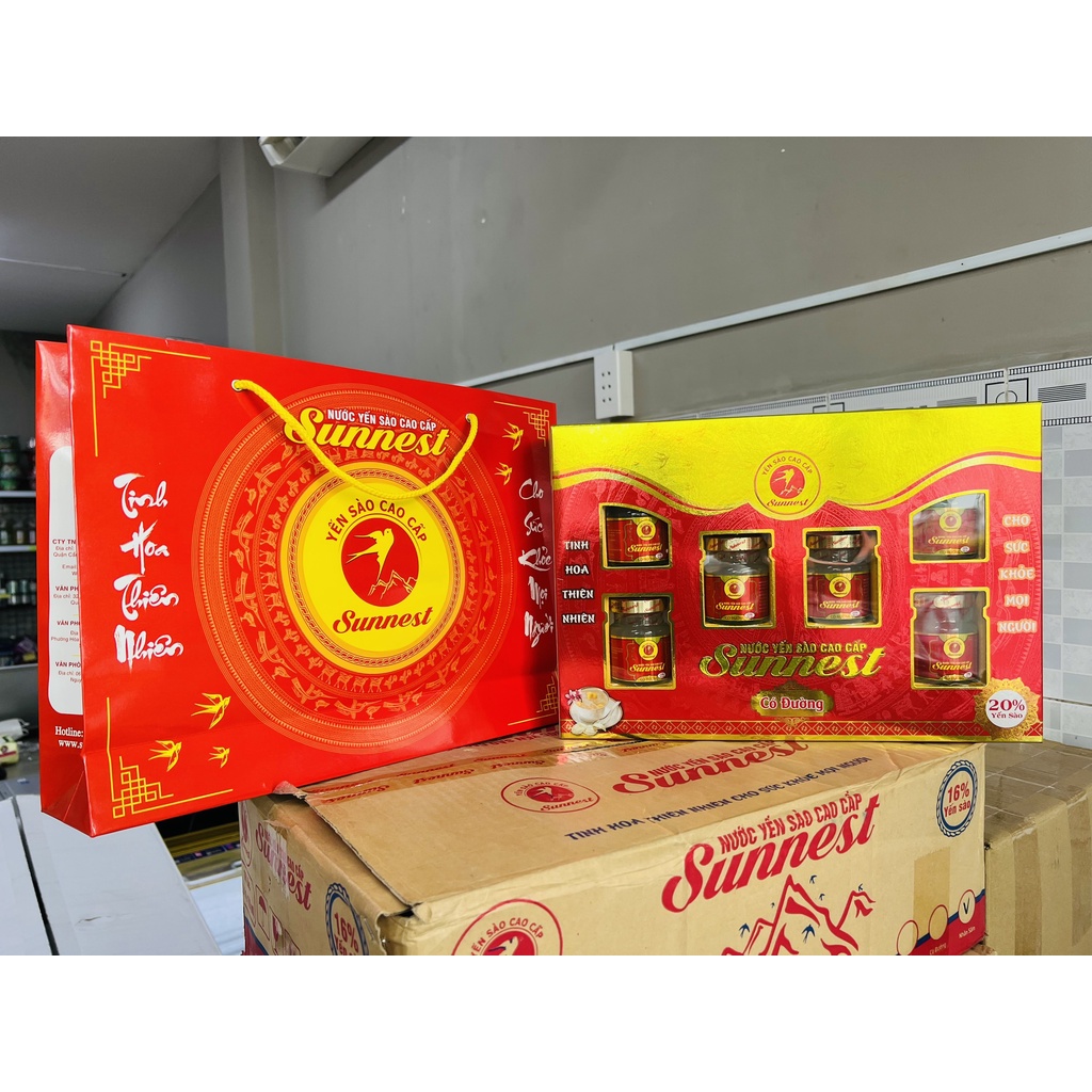 Hộp + túi xách quà tặng Yến Sunnest Hoàng Monnest Sallanest nhân sâm - đường phèn -tiểu đường 16% 6 hủ 70ml - em bé