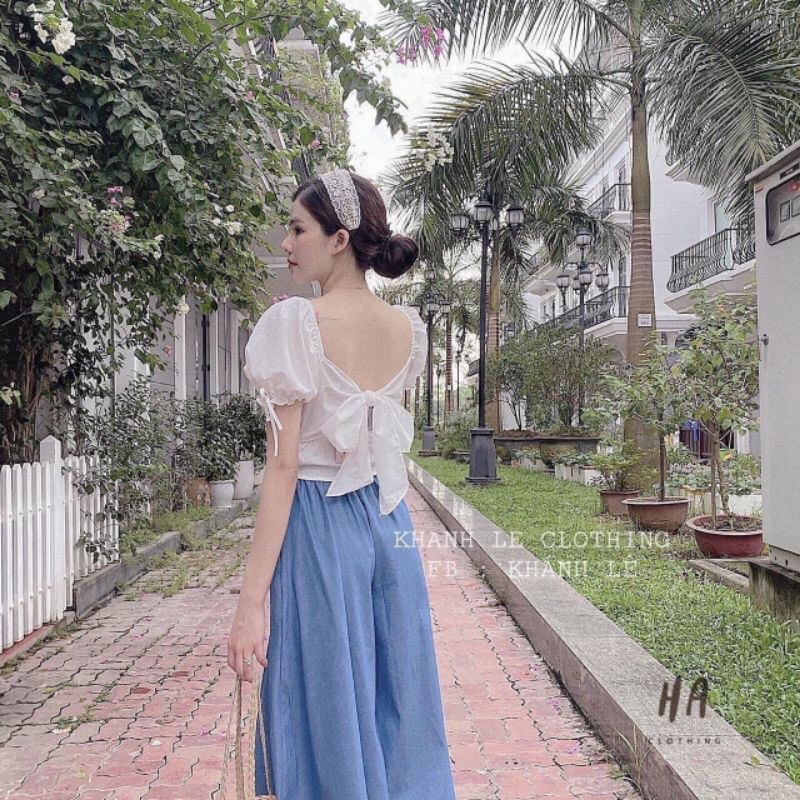 set quần jean thun ống rộng lửng và áo kiểu croptop cổ vuông tay bồng thắt nơ lưng chất áo vải xô free size 43kg-57kg