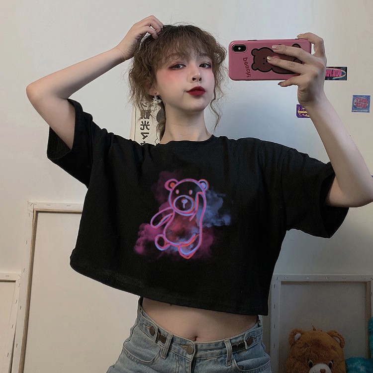 Áo croptop form rộng tay lỡ, Áo thun croptop nữ form rộng in hình gấu ulzzang Hàn Quốc C69 - Maoshop