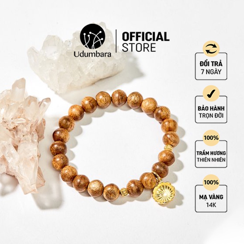 Vòng tay trầm hương nữ charm lá sen mạ vàng phong thủy Udum
