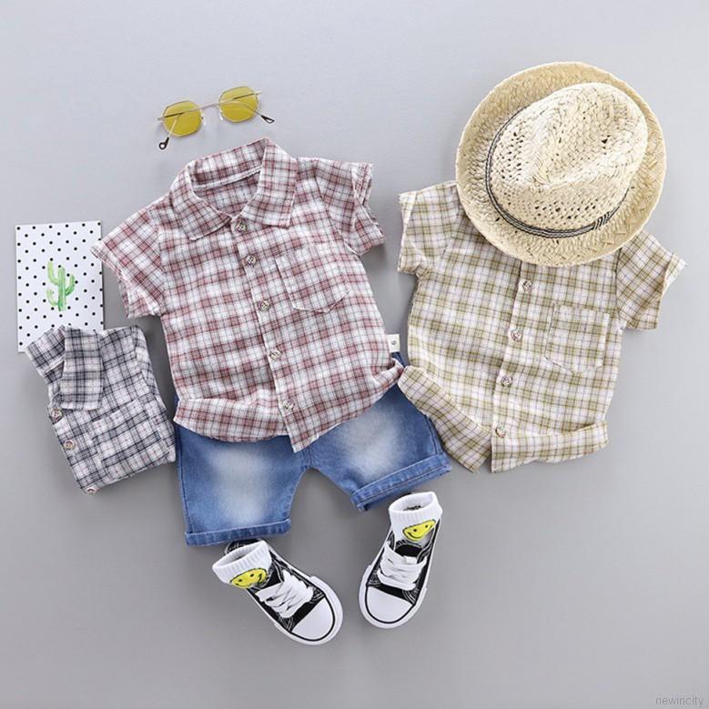 Bộ áo sơ mi tay ngắn + quần short denim phong cách Hàn Quốc cá tính cho bé trai